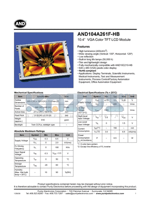 AND104A261F-HB datasheet - 10.4 VGA Color TFT LCD Module