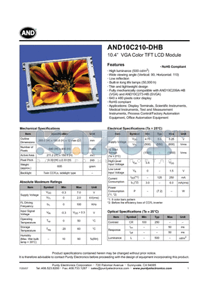 AND10C210-DHB datasheet - 10.4 VGA Color TFT LCD Module