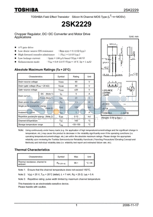 2SK2229 datasheet - Silicon N Channel MOS Type Chopper Regulator, DC−DC Converter and Motor Drive Applications