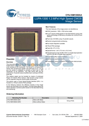 CYIL1SM1300AA_09 datasheet - LUPA-1300 1.3 MPxl High Speed CMOS Image Sensor