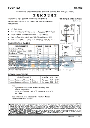 2SK2232 datasheet - N CHANNEL MOS TYPE (HIGH SPEED, HIGH VOLTAGE SWITCHING, CHOPPER REGULATOR, DC-DC CONVERTER AND MOTOR DRIVE APPLICATIONS)