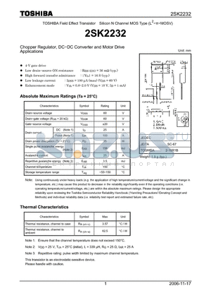 2SK2232 datasheet - N CHANNEL MOS TYPE (HIGH SPEED, HIGH VOLTAGE SWITCHING, CHOPPER REGULATOR, DC-DC CONVERTER AND MOTOR DRIVE APPLICATIONS)