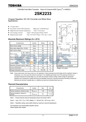 2SK2233_06 datasheet - N CHANNEL MOS TYPE (HIGH SPEED, HIGH VOLTAGE SWITCHING, CHOPPER REGULATOR, DC-DC CONVERTER AND MOTOR DRIVE APPLICATIONS)