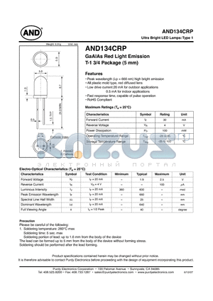 AND134CRP datasheet - GaAlAs Red Light Emission