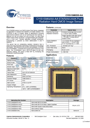 CYIS1SM0250AA-HHC datasheet - CYIS1SM0250-AA STAR250 250K Pixel Radiation Hard CMOS Image Sensor