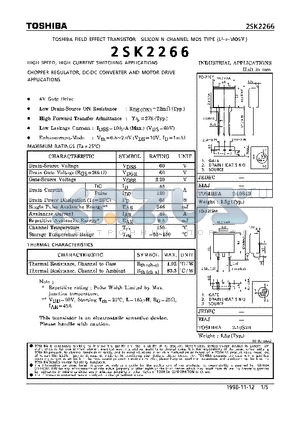 2SK2266 datasheet - N CHANNEL MOS TYPE (HIGH SPEED, HIGH VOLTAGE SWITCHING, CHOPPER REGULATOR, DC-DC CONVERTER AND MOTOR DRIVE APPLICATIONS)