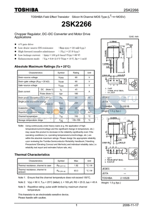 2SK2266 datasheet - N CHANNEL MOS TYPE (HIGH SPEED, HIGH VOLTAGE SWITCHING, CHOPPER REGULATOR, DC-DC CONVERTER AND MOTOR DRIVE APPLICATIONS)