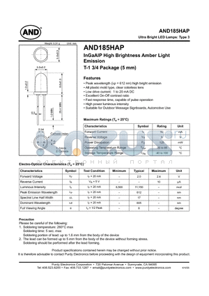 AND185HAP datasheet - InGaAlP High Brightness Amber Light Emission T-1 3/4 Package (5 mm)