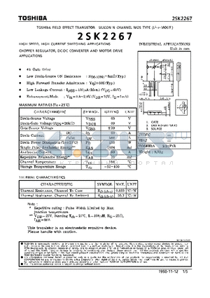 2SK2267 datasheet - N CHANNEL MOS TYPE (HIGH SPEED, HIGH VOLTAGE SWITCHING, CHOPPER REGULATOR, DC-DC CONVERTER AND MOTOR DRIVE APPLICATIONS)