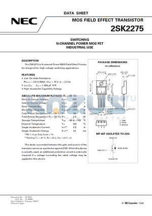 2SK2275 datasheet - SWITCHING N-CHANNEL POWER MOS FET INDUSTRIAL USE