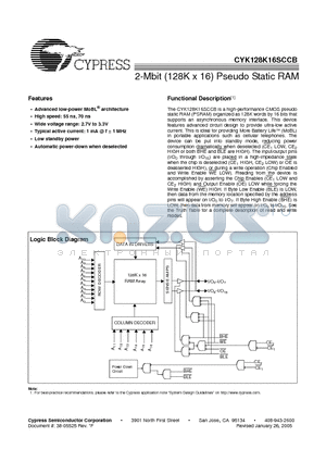 CYK128K16SCBU-70BVXI datasheet - 2-Mbit (128K x 16) Pseudo Static RAM