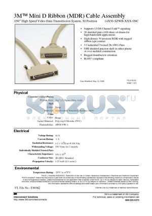 14B50-SZWB-200-0NC datasheet - 3M Mini D Ribbon (MDR) Cable Assembly