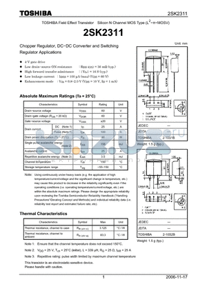 2SK2311 datasheet - N CHANNEL MOS TYPE (HIGH SPEED, HIGH CURRENT SWITCHING APPLICATIONS CHOPPER REGULATOR, DC-DC CONVERTER AND SWITCHING REGULATOR APPLICATIONS)
