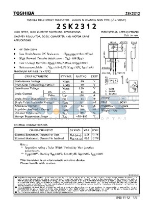 2SK2312 datasheet - N CHANNEL MOS TYPE (HIGH SPEED, HIGH VOLTAGE SWITCHING, CHOPPER REGULATOR, DC-DC CONVERTER AND MOTOR DRIVE APPLICATIONS)