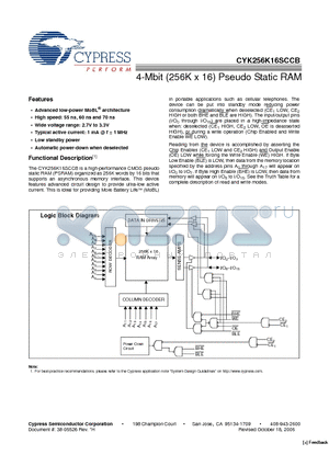 CYK256K16SCBU-70BVXI datasheet - 4-Mbit (256K x 16) Pseudo Static RAM