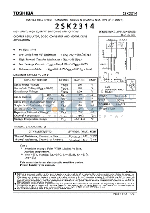 2SK2314 datasheet - N CHANNEL MOS TYPE (HIGH SPEED, HIGH VOLTAGE SWITCHING, CHOPPER REGULATOR, DC-DC CONVERTER AND MOTOR DRIVE APPLICATIONS)