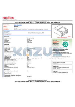 0901430010 datasheet - 2.54mm (.100) Pitch C-Grid III Modular Crimp Housing, Dual Row, 10 Circuits