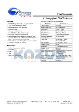 CYIWOSC3000AA datasheet - 3.1 Megapixel CMOS Sensor