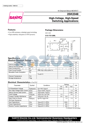 2SK2348 datasheet - High-Voltage, High-Speed Switching Applications