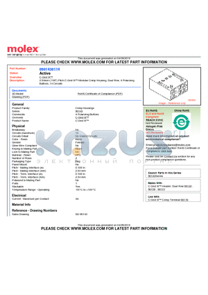 0901430114 datasheet - 2.54mm (.100) Pitch C-Grid III Modular Crimp Housing, Dual Row, 4 Polarizing  Buttons, 14 Circuits