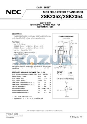 2SK2354 datasheet - SWITCHING N-CHANNEL POWER MOS FET INDUSTRIAL USE