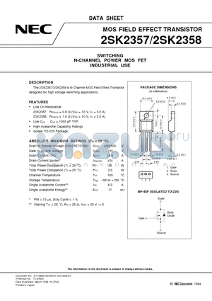 2SK2357 datasheet - SWITCHING N-CHANNEL POWER MOS FET INDUSTRIAL USE