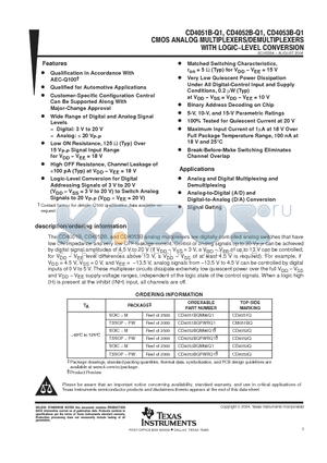 CD4051BQM96Q1 datasheet - CMOS ALALOG MULTIPLEXERS/DEMULTIPLEXERS WITH LOGIC-LEVEL CONVERSION