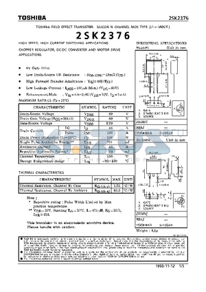 2SK2376 datasheet - N CHANNEL MOS TYPE (HIGH SPEED, HIGH VOLTAGE SWITCHING, CHOPPER REGULATOR, DC-DC CONVERTER AND MOTOR DRIVE APPLICATIONS)