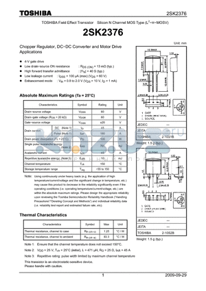 2SK2376 datasheet - Chopper Regulator, DC−DC Converter and Motor Drive Applications