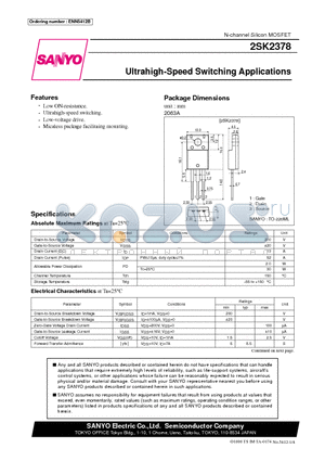 2SK2378 datasheet - Ultrahigh-Speed Switching Applications