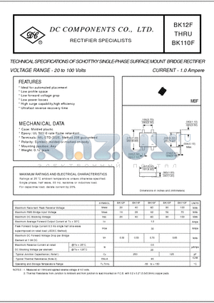 BK12F datasheet - TECHNICAL SPECIFICATIONS OF SCHOTTKY SINGLE-PHASE SURFACE MOUNT BRIDGE RECTIFIER VOLTAGE RANGE