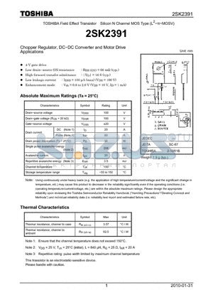 2SK2391 datasheet - Chopper Regulator, DC−DC Converter and Motor Drive