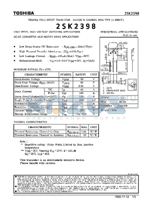 2SK2398 datasheet - N CHANNEL MOS TYPE (HIGH SPEED, HIGH VOLTAGE SWITCHING, DC-DC CONVERTER AND MOTOR DRIVE APPLICATIONS)