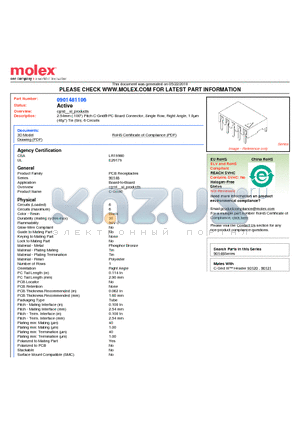 0901481106 datasheet - 2.54mm (.100) Pitch C-Grid^ PC Board Connector, Single Row, Right Angle, 1.0lm (40l) Tin (Sn), 6 Circuits
