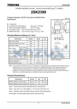 2SK2399 datasheet - Chopper Regulator, DC/DC Converter and Motor Drive Applications