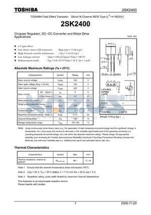 2SK2400 datasheet - Silicon N Channel MOS Type Chopper Regulator, DC−DC Converter and Motor Drive Applications