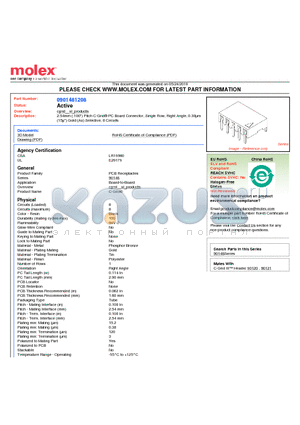 0901481208 datasheet - 2.54mm (.100) Pitch C-Grid^ PC Board Connector, Single Row, Right Angle, 0.38lm (15l) Gold (Au) Selective, 8 Circuits