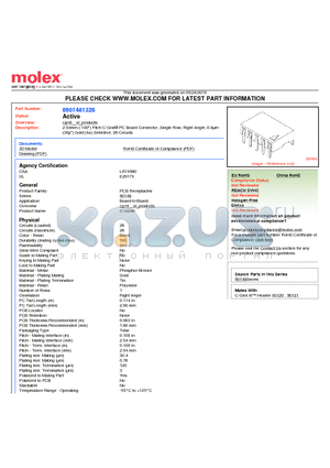 0901481326 datasheet - 2.54mm (.100) Pitch C-Grid^ PC Board Connector, Single Row, Right Angle, 0.8lm (30l) Gold (Au) Selective, 26 Circuits