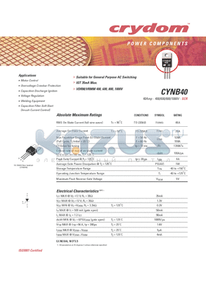 CYNB40-1000PT datasheet - 40Amp - 400/600/800/1000V - SCR