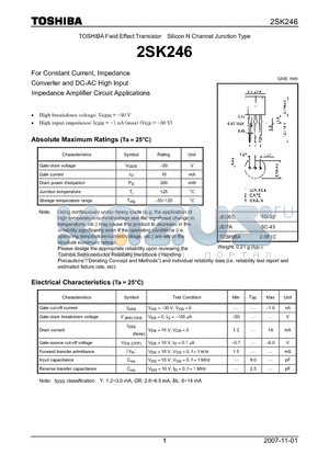 2SK246 datasheet - Silicon N Channel Junction Type For Constant Current, Impedance