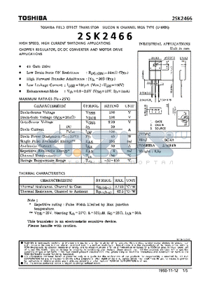 2SK2466 datasheet - N CHANNEL MOS TYPE(HIGH SPEED, HIGH VOLTAGE SWITCHING, CHOPPER REGULATOR, DC-DC CONVERTER AND MOTOR DRIVE APPLICATIONS)