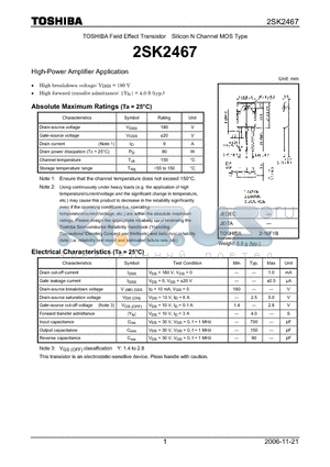 2SK2467 datasheet - Silicon N Channel MOS Type High-Power Amplifier Application