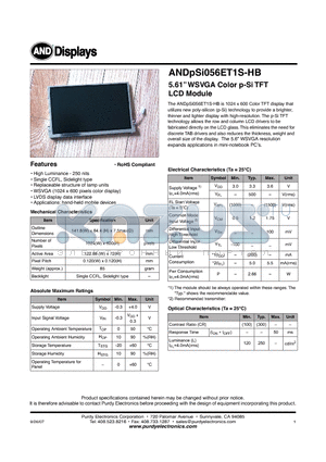 ANDPSI056ET1S-HB datasheet - 5.61 WSVGA Color p-Si TFT LCD Module