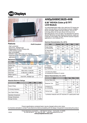 ANDPSI089C362S-4HB datasheet - 8.90 WSVGA Color p-Si TFT LCD Module