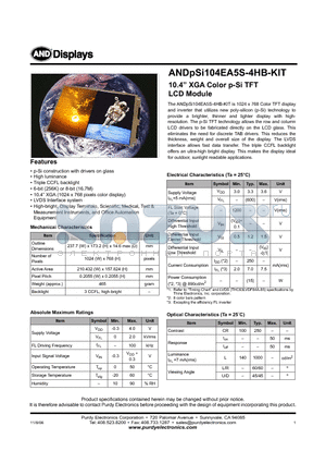 ANDPSI104EA5S-4HB-KIT datasheet - 10.4 XGA Color p-Si TFT LCD Module