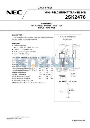 2SK2476 datasheet - SWITCHING N-CHANNEL POWER MOS FET INDUSTRIAL USE