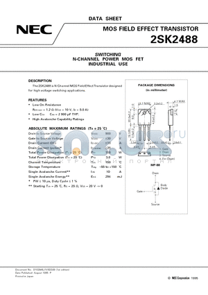 2SK2488 datasheet - SWITCHING N-CHANNEL POWER MOS FET INDUSTRIAL USE