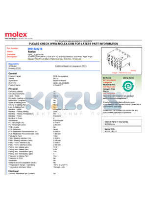 0901522218 datasheet - 2.54mm (.100) Pitch C-Grid III PC Board Connector, Dual Row, Right Angle, Straight PCB Pins 0.38lm (15l) Gold (Au) Selective, 18 Circuits