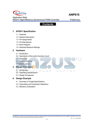 ANP015 datasheet - Application Note AP2011 High Efficiency Synchronous PWM Controller