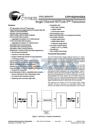 CYP15G0101DXA-BBC datasheet - Single Channel HOTLink II Transceiver